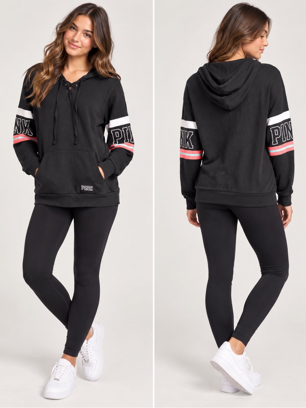 PINK Victoria’s Secret Black Lace-Up Hoodie Sleeve Logo Size Large